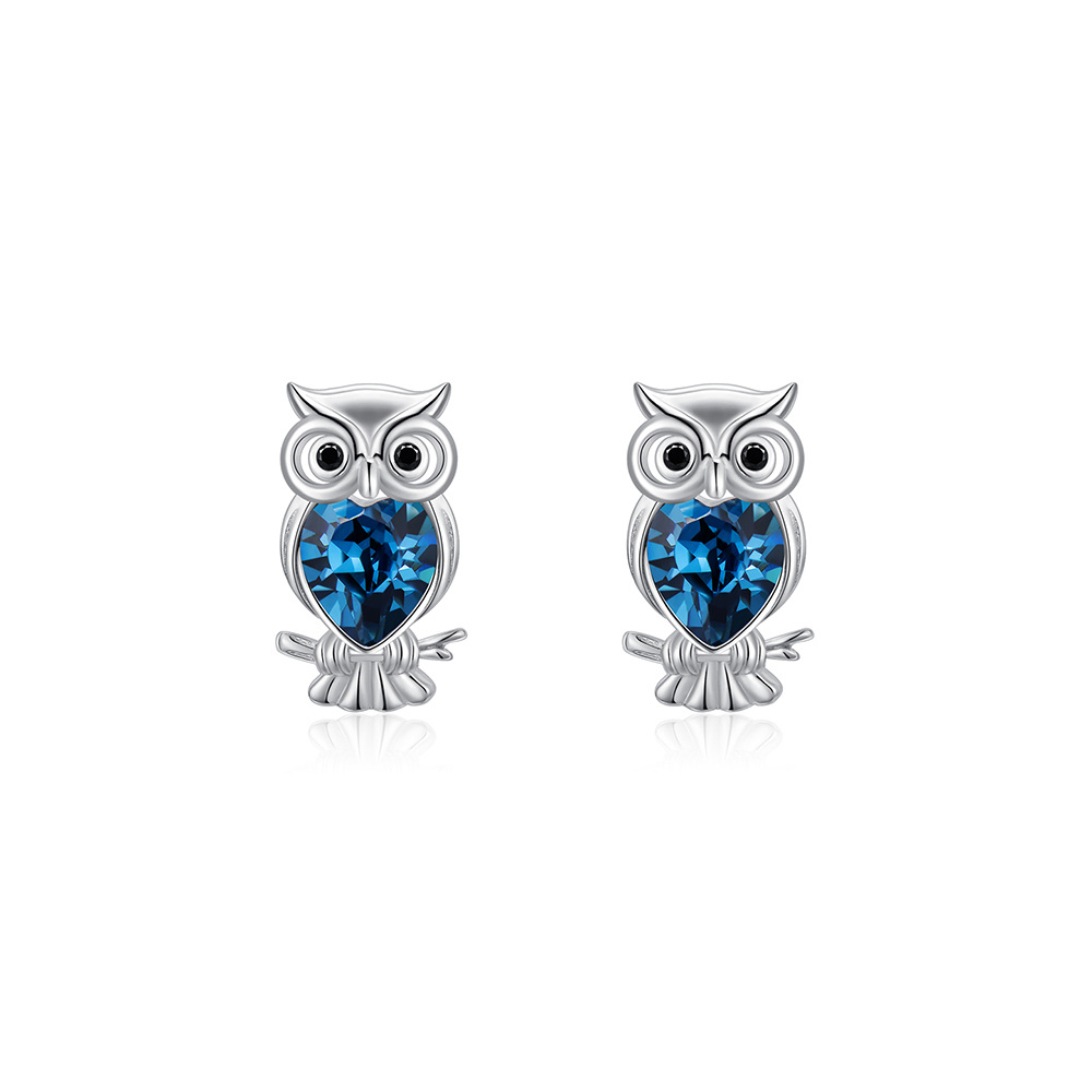 Sterling Silver Heart Crystal Owl Stud Earrings-1