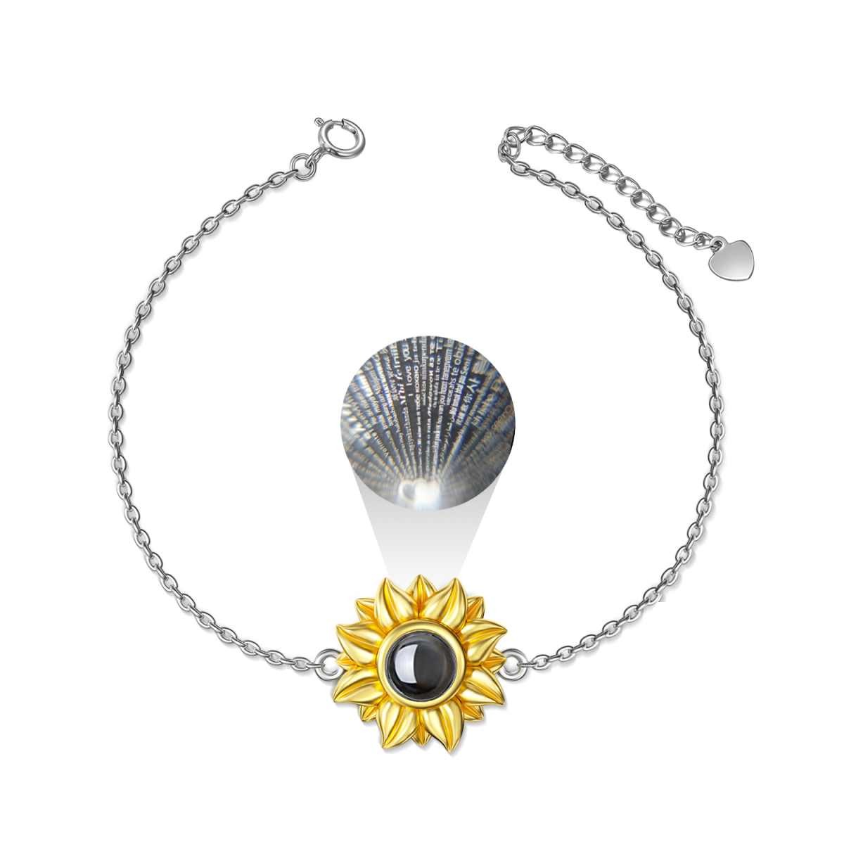 Sterling Silver Two-tone Circular Shaped Projection Stone Sunflower Pendant Bracelet with Engraved Word-1