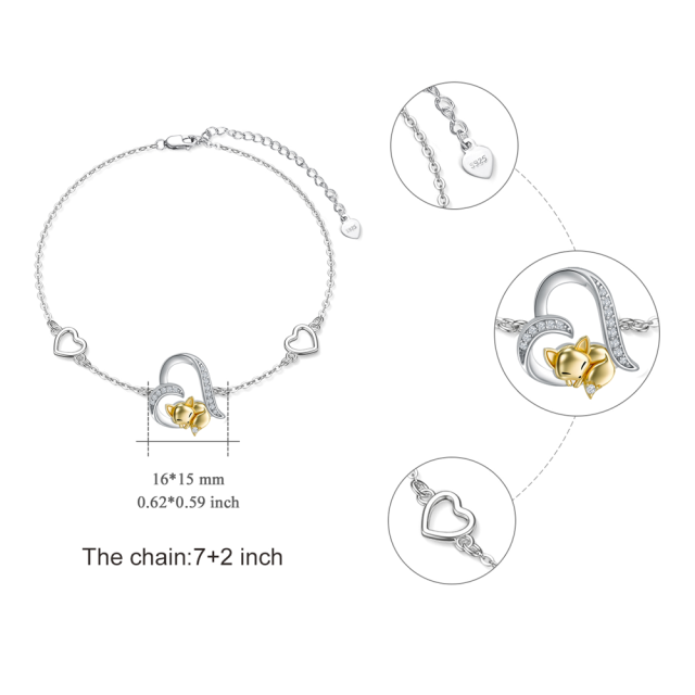 Sterling Silver Two-tone Round Cubic Zirconia Fox & Heart Pendant Bracelet-4