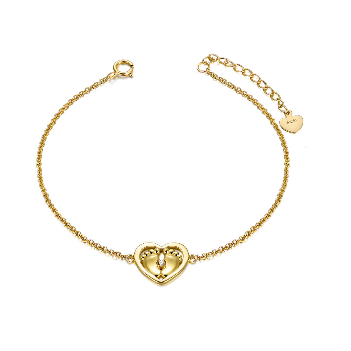 14K Gold Crystal Footprints & Heart Pendant Bracelet-1