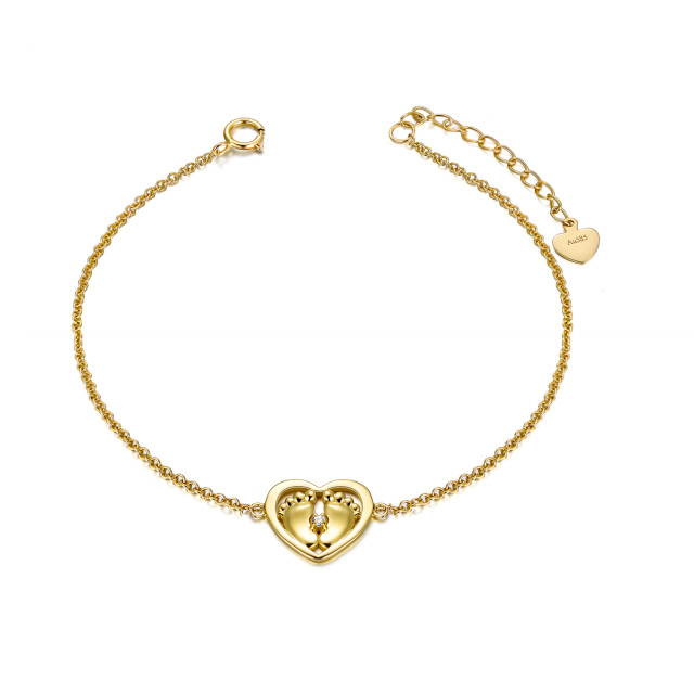 14K Gold Crystal Footprints & Heart Pendant Bracelet-0