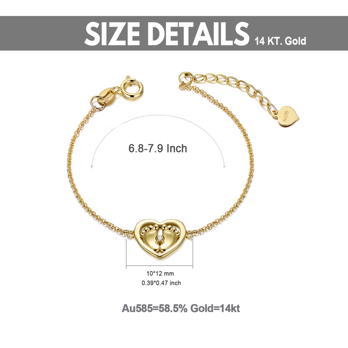 Pulsera de oro de 14 quilates con colgante de corazón y huellas de cristal-6