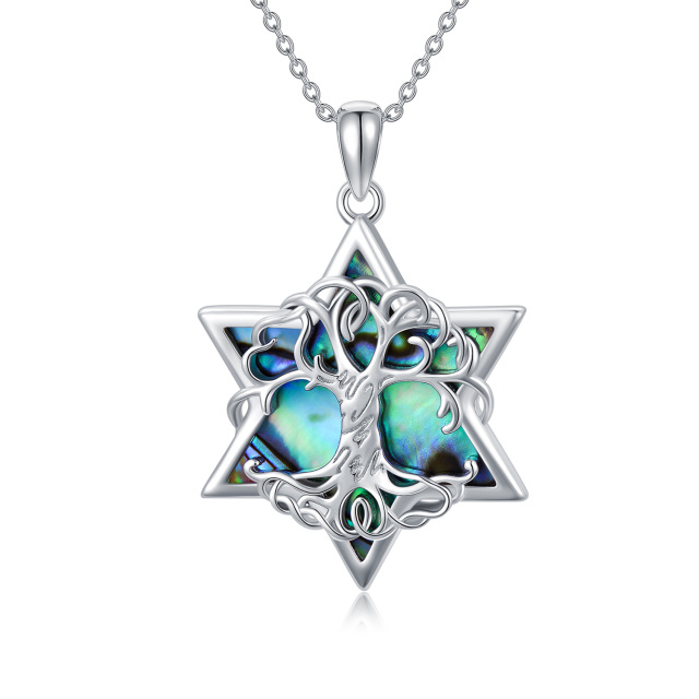 Sterling Silver Abalone Shellfish Tree Of Life & Star Of David Pendant Necklace-0
