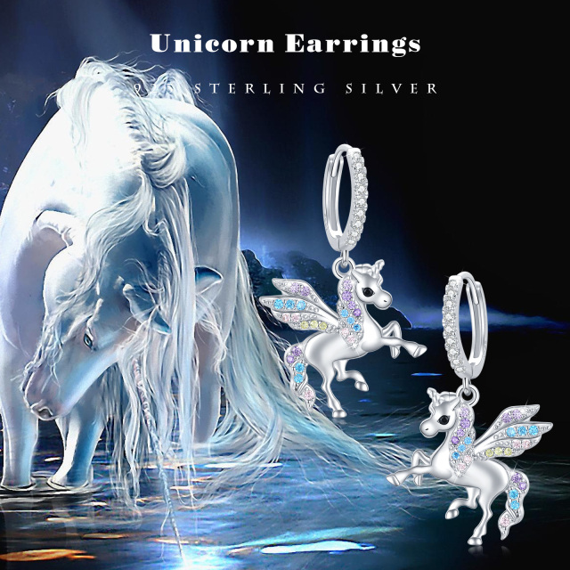 Sterling Silver Cubic Zirconia Unicorn Drop Earrings-3