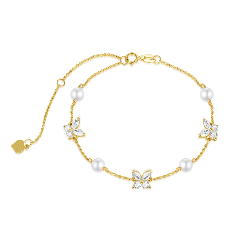 Bracelet en or 9K avec pendentif papillon en perles et zircon cubique