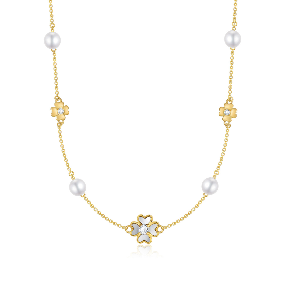 Collar gargantilla de metal con trébol de cuatro hojas, perlas y circonitas de oro de 9 qu-1