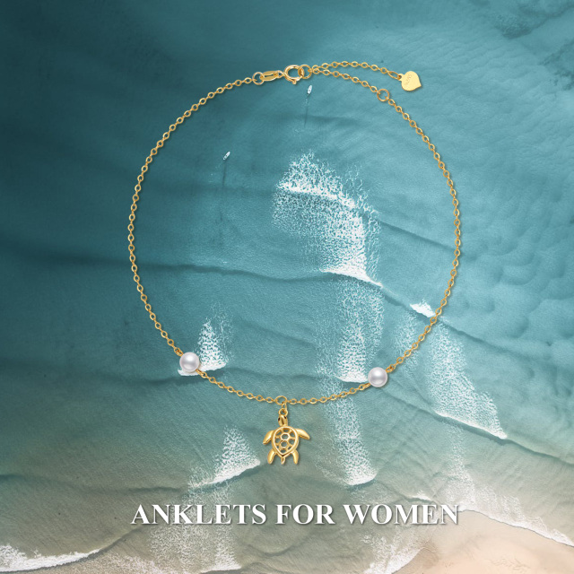 Tornozeleira feminina com pingente de camada única de tartaruga de pérola dourada 14k presente de joia de tornozeleira feminina-8