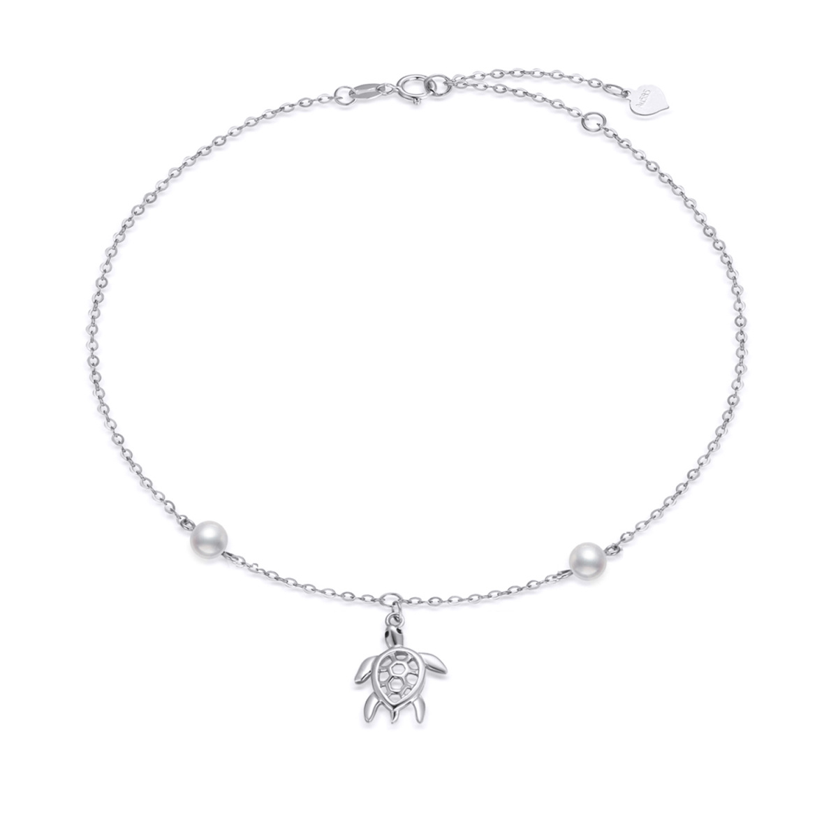 14K White Gold Circular Shaped Pearl Sea Turtle Single Layer Anklet-1