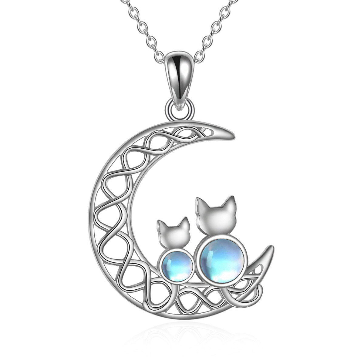 Sterling Silver Circular Shaped Moonstone Cat & Moon Pendant Necklace-1