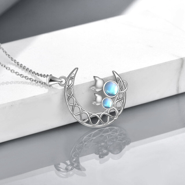 Sterling Silver Circular Shaped Moonstone Cat & Moon Pendant Necklace-3