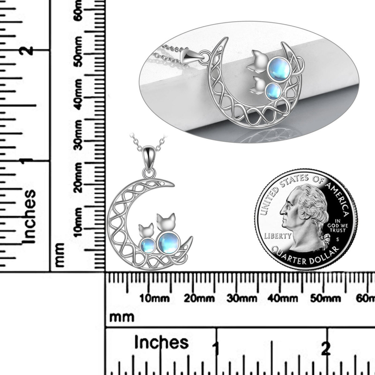 Sterling Silber kreisförmig Mondstein Katze & Mond Anhänger Halskette-5