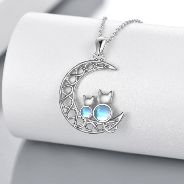 Sterling Silver Circular Shaped Moonstone Cat & Moon Pendant Necklace-2