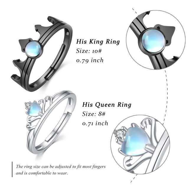 Anel de promessa de casal com coroa aberta ajustável em prata esterlina Moonstone-4