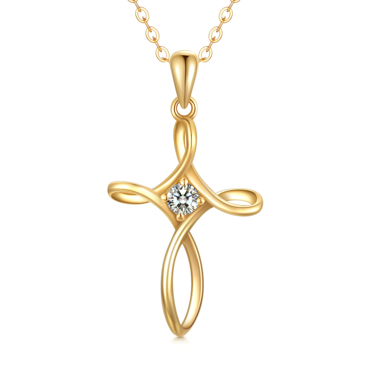 9K Gold Cubic Zirconia Cross Pendant Necklace-1