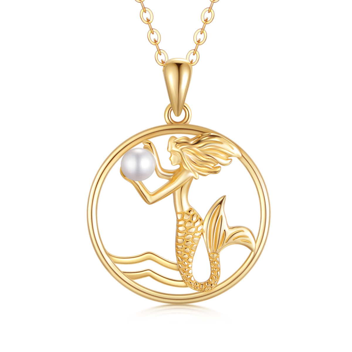 14K Gold Circular Shaped Pearl Mermaid Pendant Necklace-1