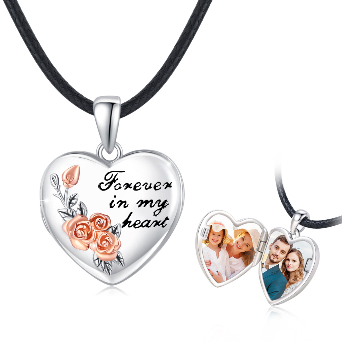 Sterling Silver Two-tone Rose Personalized Photo Locket Necklace with Engraved Word-1