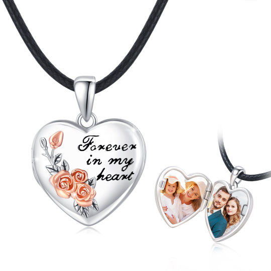 Sterling Silver Two-tone Rose Personalized Photo Locket Necklace with Engraved Word