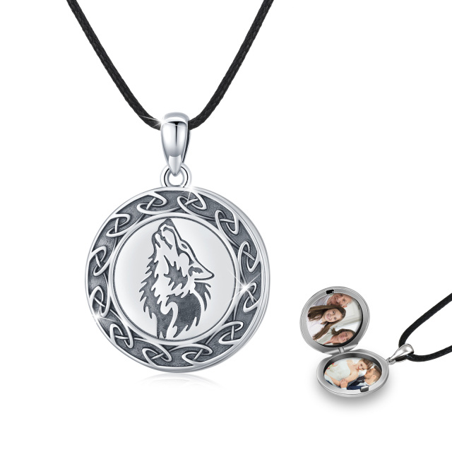 Colar de prata esterlina com pingente de medalhão de fotos personalizadas de lobo para homens-0