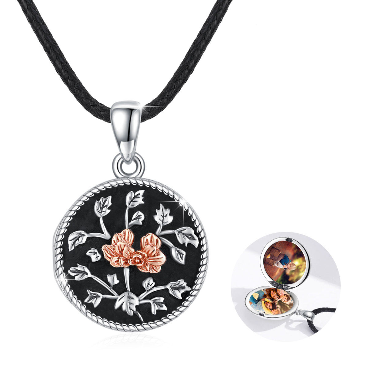 Sterling Silver Rose Personalized Photo Locket Necklace-1
