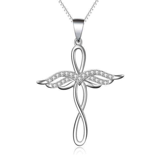 Sterling Silver Circular Shaped Cubic Zirconia Angel Wing & Cross & Infinity Symbol Pendant Necklace-0