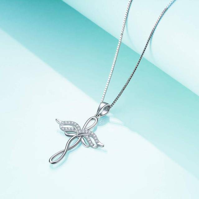 Sterling Silver Circular Shaped Cubic Zirconia Angel Wing & Cross & Infinity Symbol Pendant Necklace-2