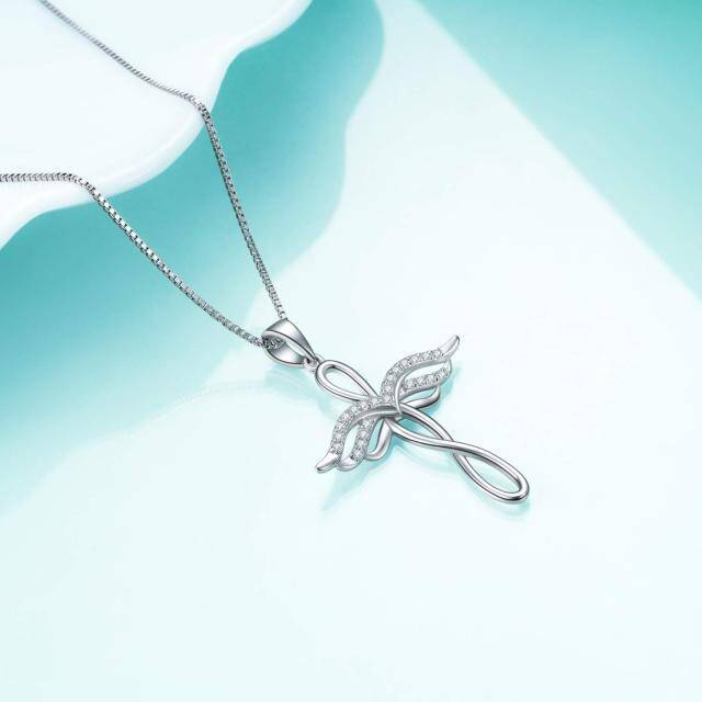 Sterling Silver Circular Shaped Cubic Zirconia Angel Wing & Cross & Infinity Symbol Pendant Necklace-3