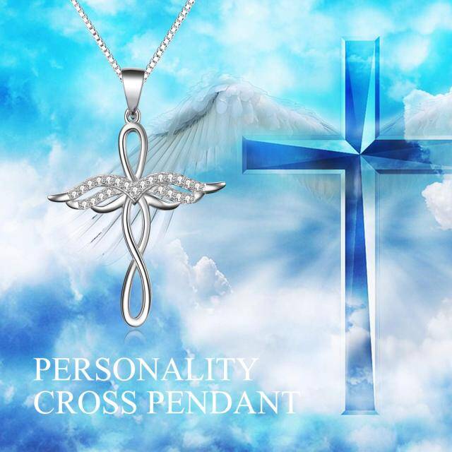 Sterling Silver Circular Shaped Cubic Zirconia Angel Wing & Cross & Infinity Symbol Pendant Necklace-4
