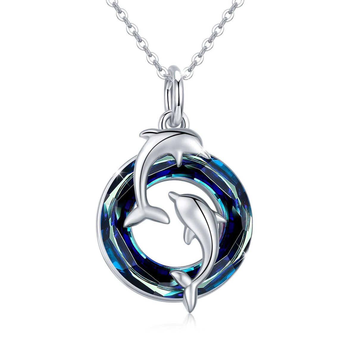 Sterling Silver Dolphin Lovers with Blue Circle Crystal Pendant Necklace-1