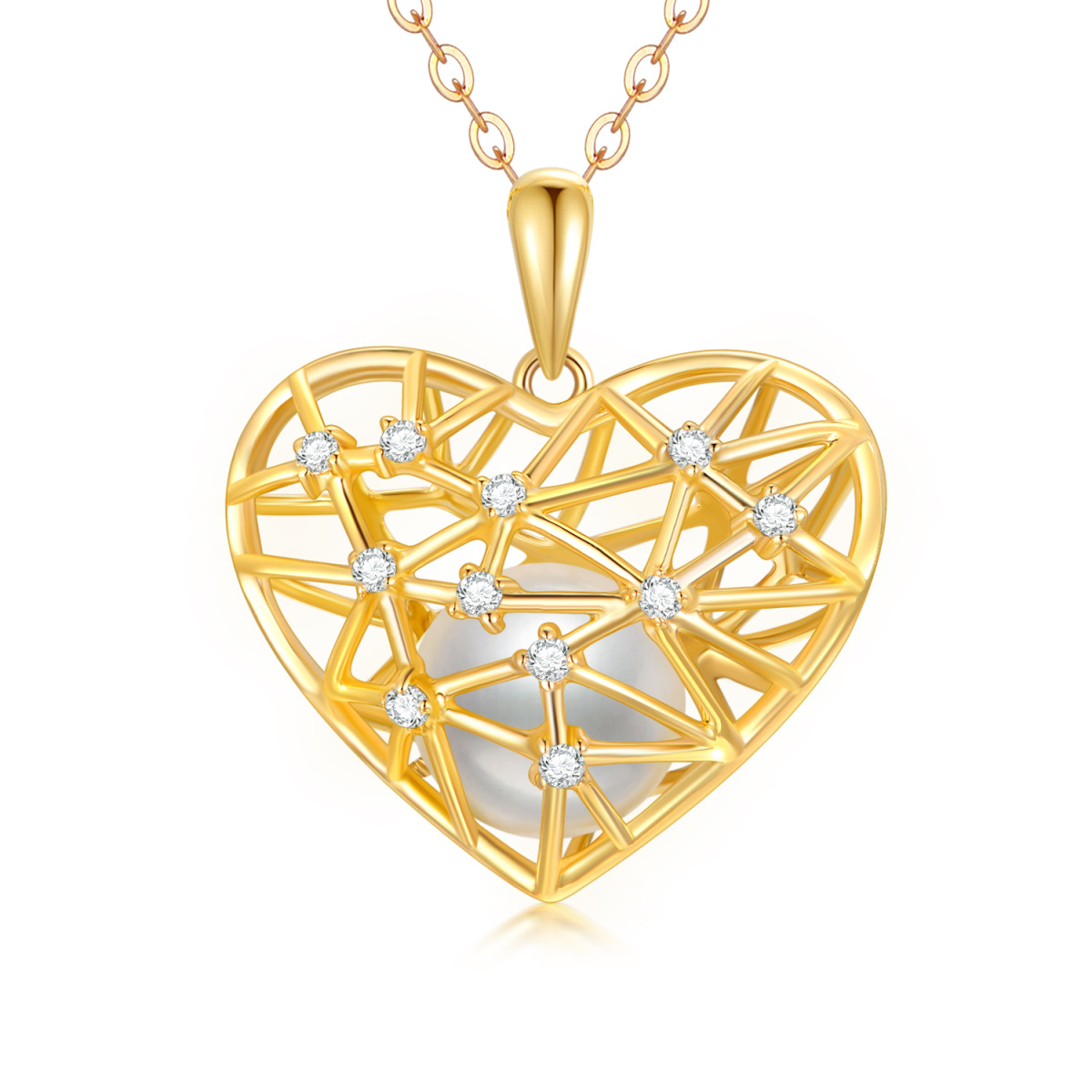 Collar colgante de oro de 10 quilates con forma circular de moissanita y corazón de perla-1