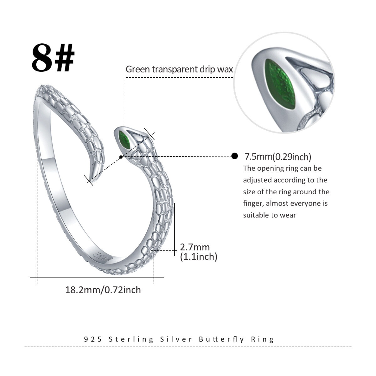 Sterling Silver Cubic Zirconia Snake Open Ring-6