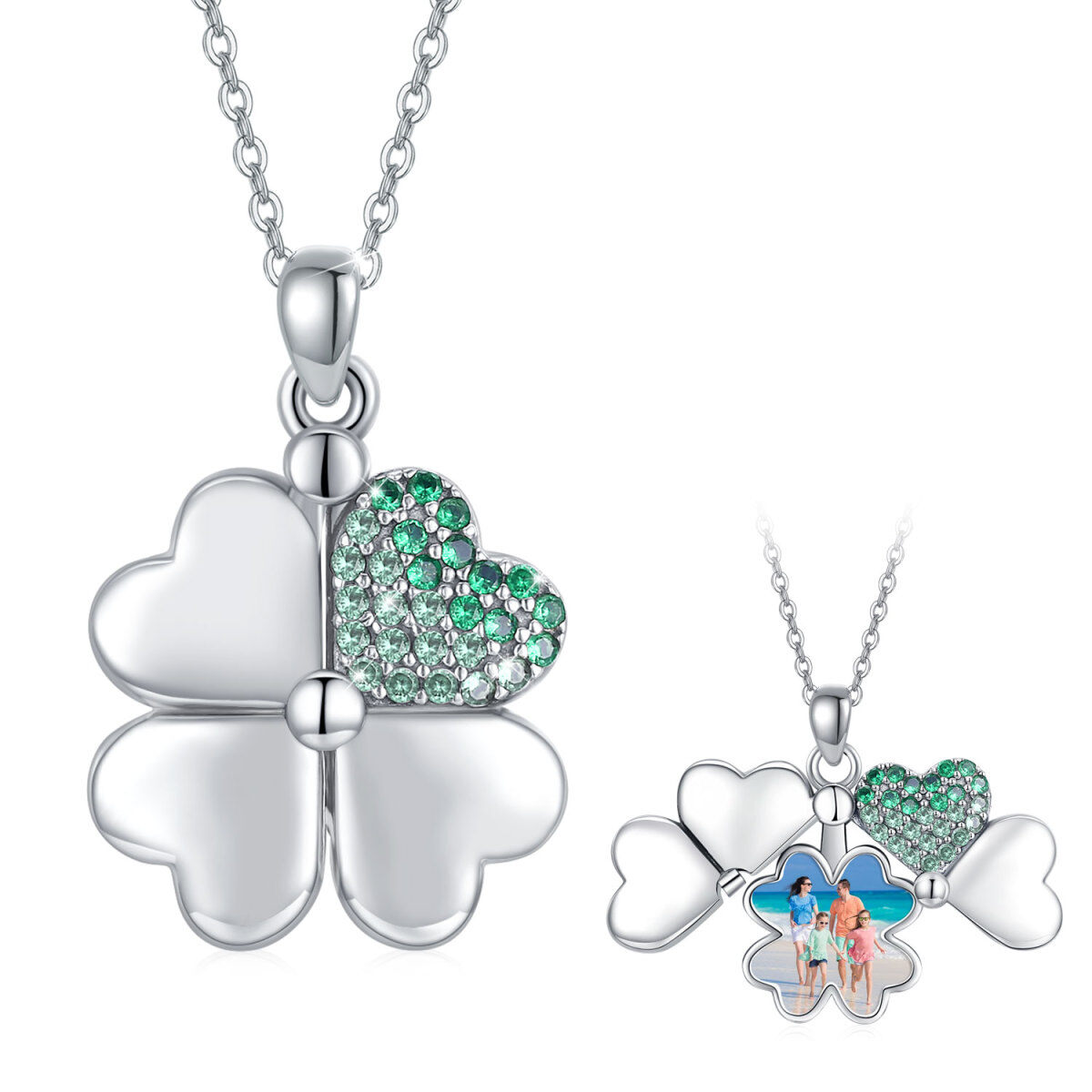 Sterling Silver Cubic Zirconia Four-leaf Clover Personalized Photo Locket Necklace-1
