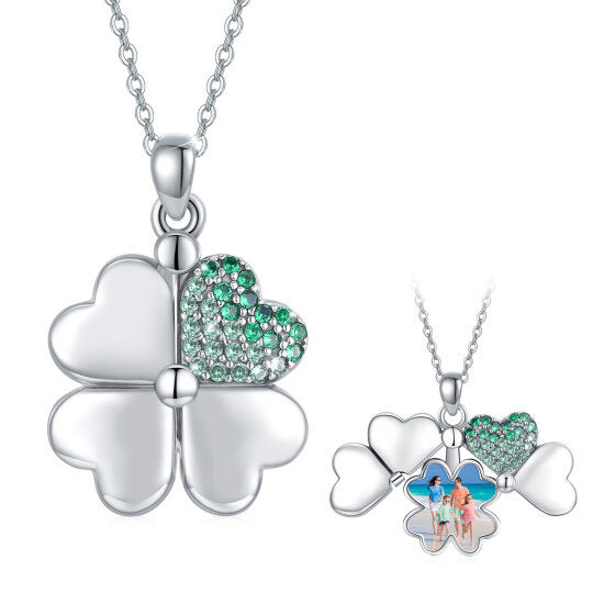 Sterling Silver Cubic Zirconia Four-leaf Clover Personalized Photo Locket Necklace