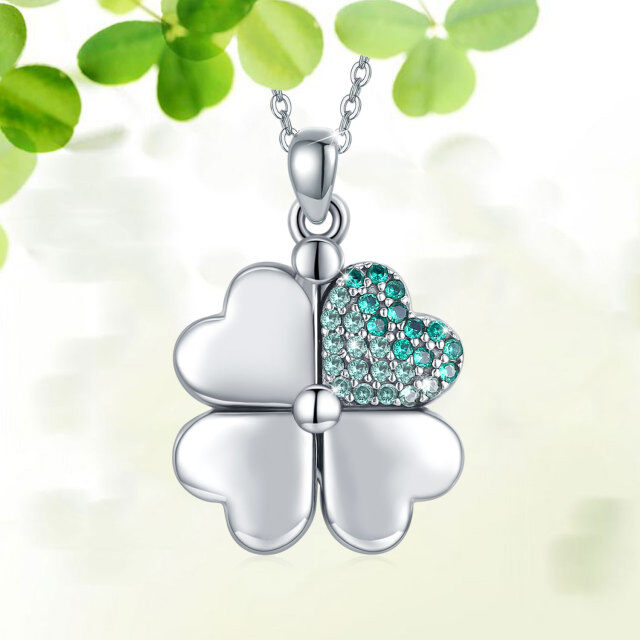 Sterling Silver Cubic Zirconia Four-leaf Clover Personalized Photo Locket Necklace-1