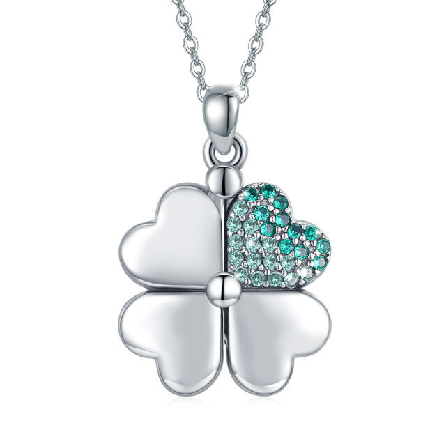 Sterling Silver Cubic Zirconia Four-leaf Clover Personalized Photo Locket Necklace-2