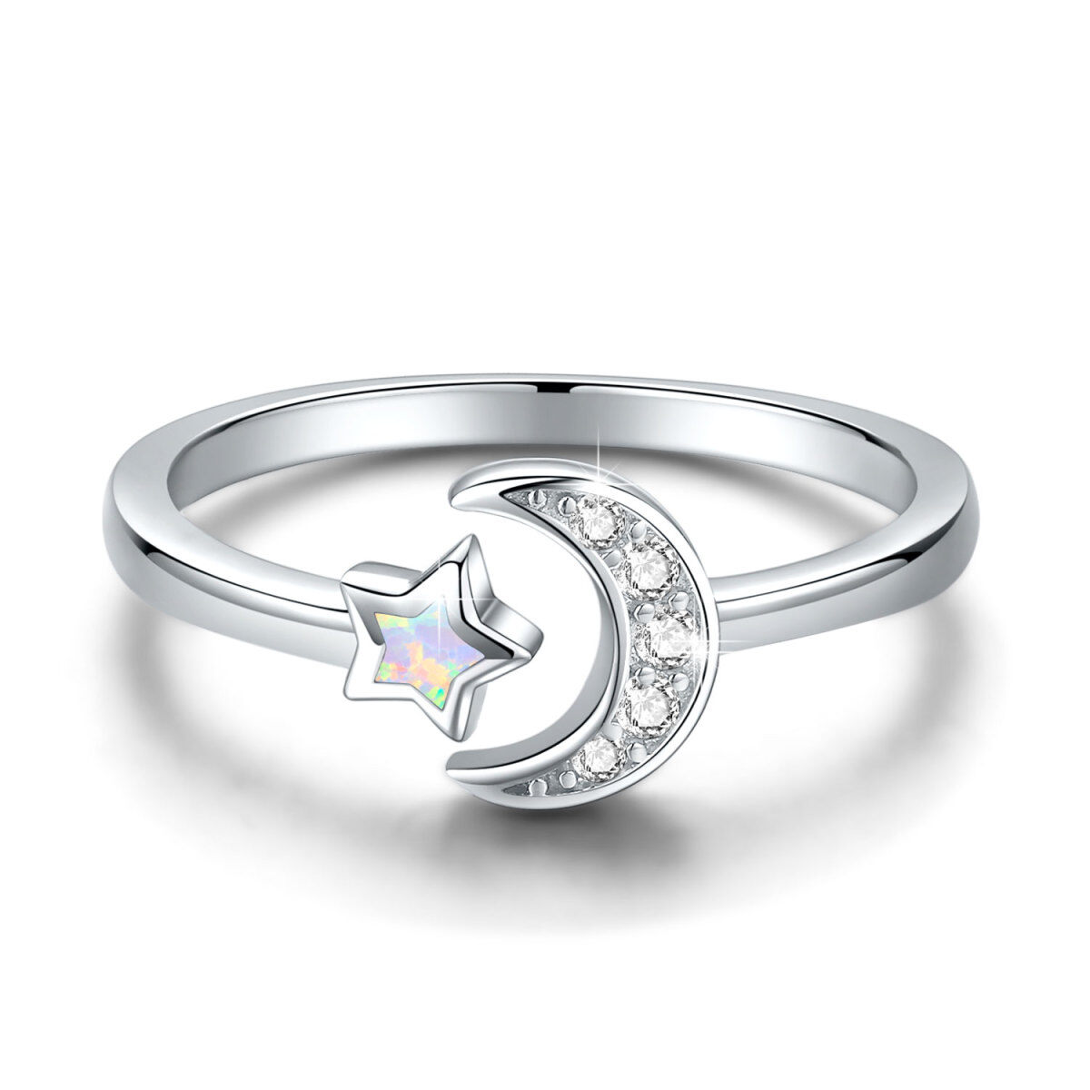 Sterling Silver Cubic Zirconia & Opal Moon Open Ring-1