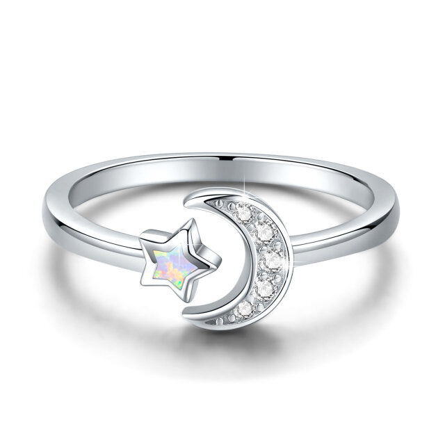 Sterling Silver Cubic Zirconia & Opal Moon Open Ring-0