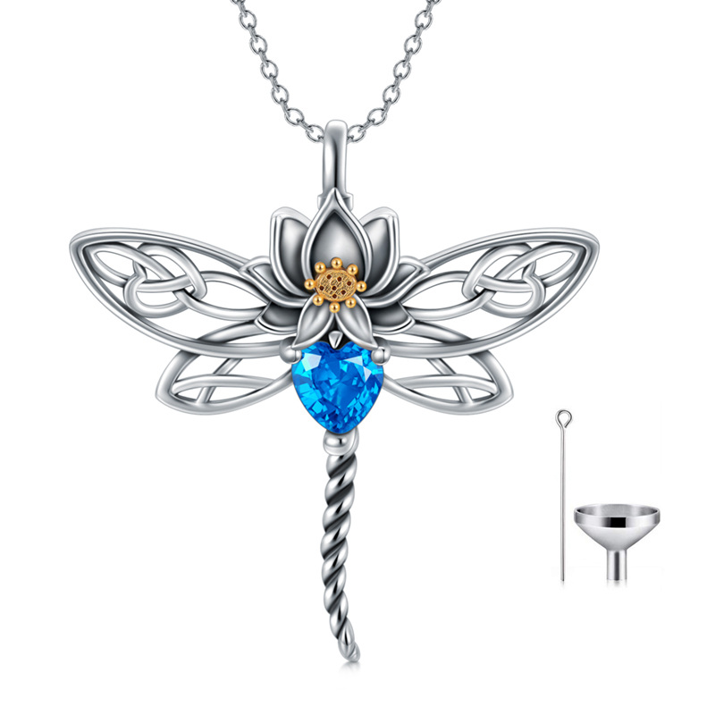 Sterling Silver Heart Shaped Crystal Dragonfly Urn Necklace for Ashes-1