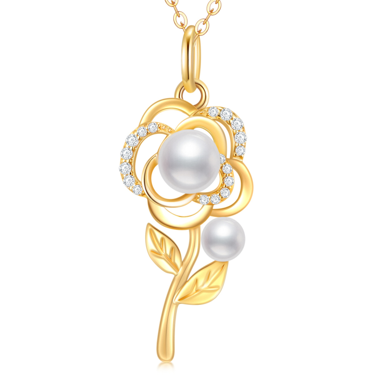10K Gold Moissanite & Pearl Rose Pendant Necklace-1
