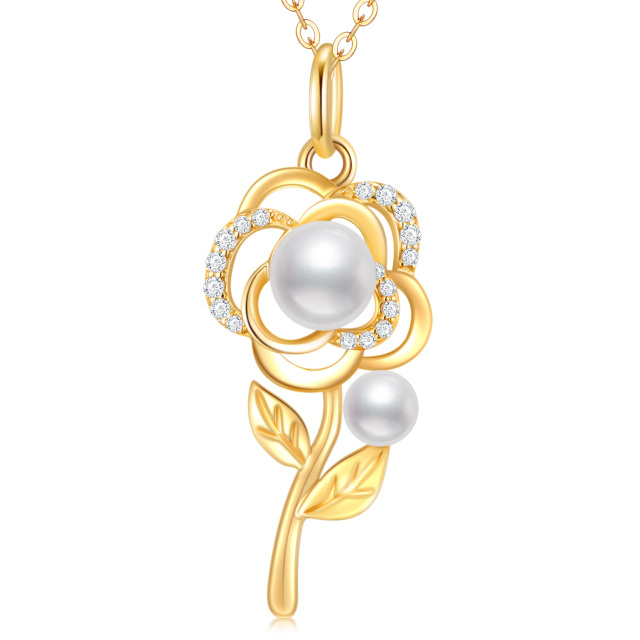 10K Gold Moissanite & Pearl Rose Pendant Necklace-0