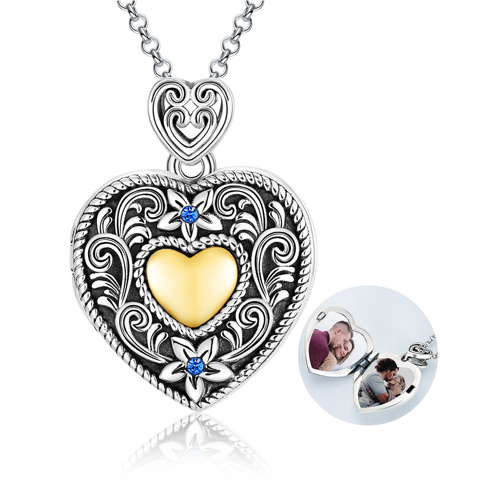 Sterling Silver Tri-tone Circular Shaped Crystal Heart Personalized Photo Locket Necklace with Engraved Word-1