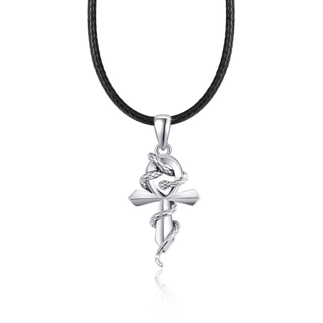 Sterling Silver Snake & Cross Pendant Necklace-1