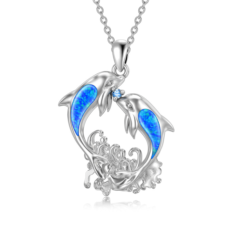 Sterling Silver Opal Dolphins Pendant Necklace-1