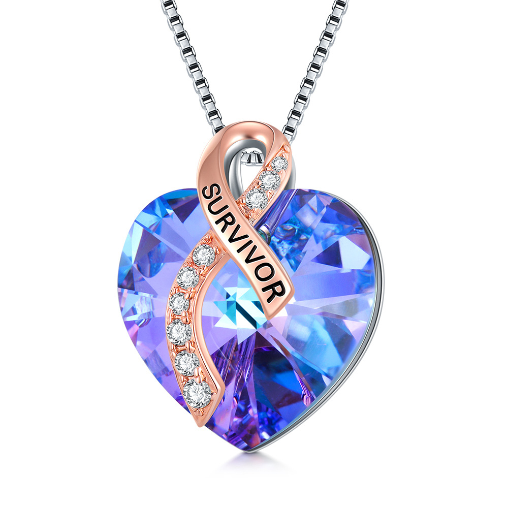 Sterling Silver Two-tone Heart Breast Cancer & Heart Crystal Pendant Necklace-1