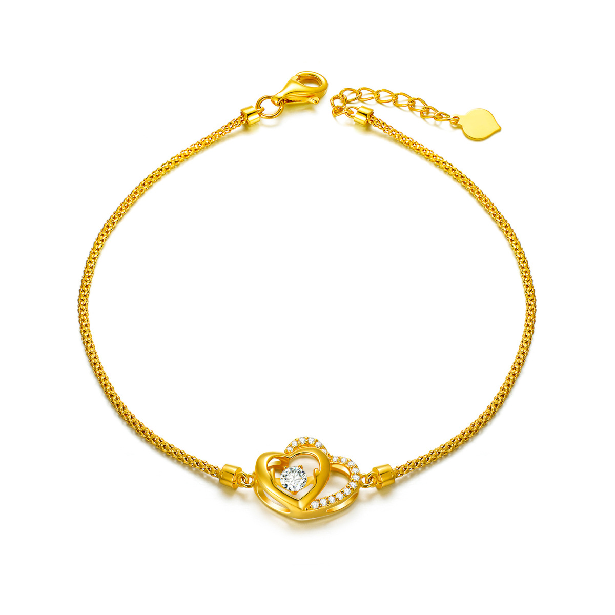 18K Gold Cubic Zirconia Heart With Heart Pendant Bracelet-1