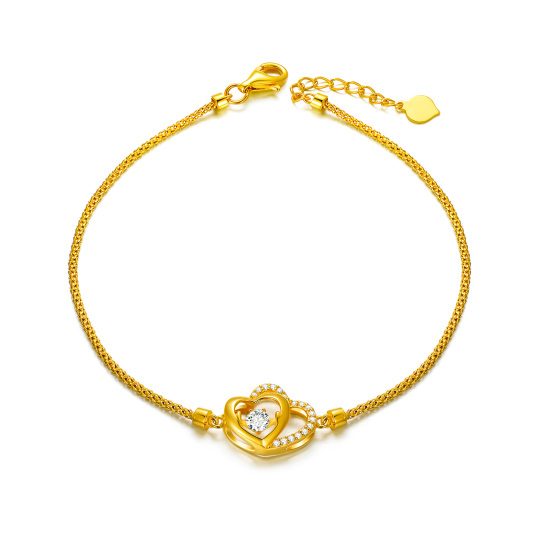18K Gold Cubic Zirconia Heart With Heart Pendant Bracelet