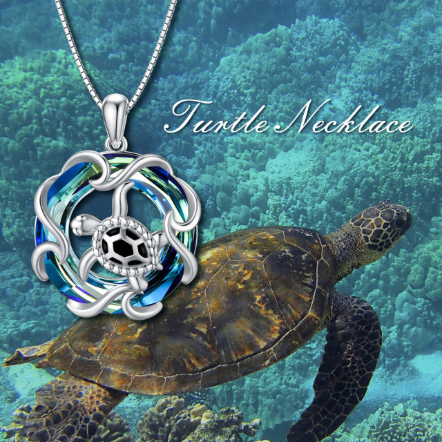 Sterling Silver Circular Shaped Sea Turtle Crystal Pendant Necklace-3