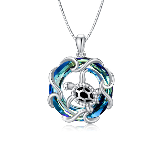Sterling Silver Circular Shaped Sea Turtle Crystal Pendant Necklace-0