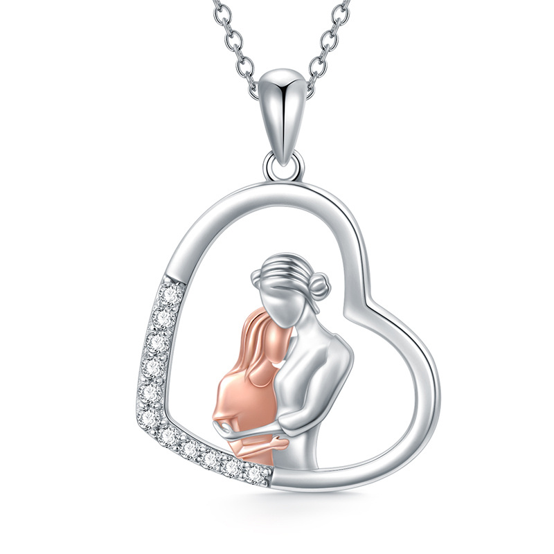 Collier en argent sterling avec pendentif en forme de coeur mère et fille de forme circulaire bicolore-1