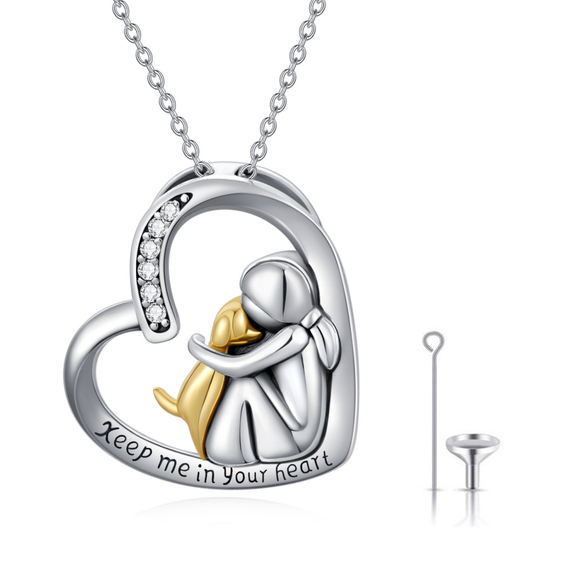 Sterling Silver Two-tone Cubic Zirconia Dog & Heart Urn Necklace for Ashes with Engraved Word