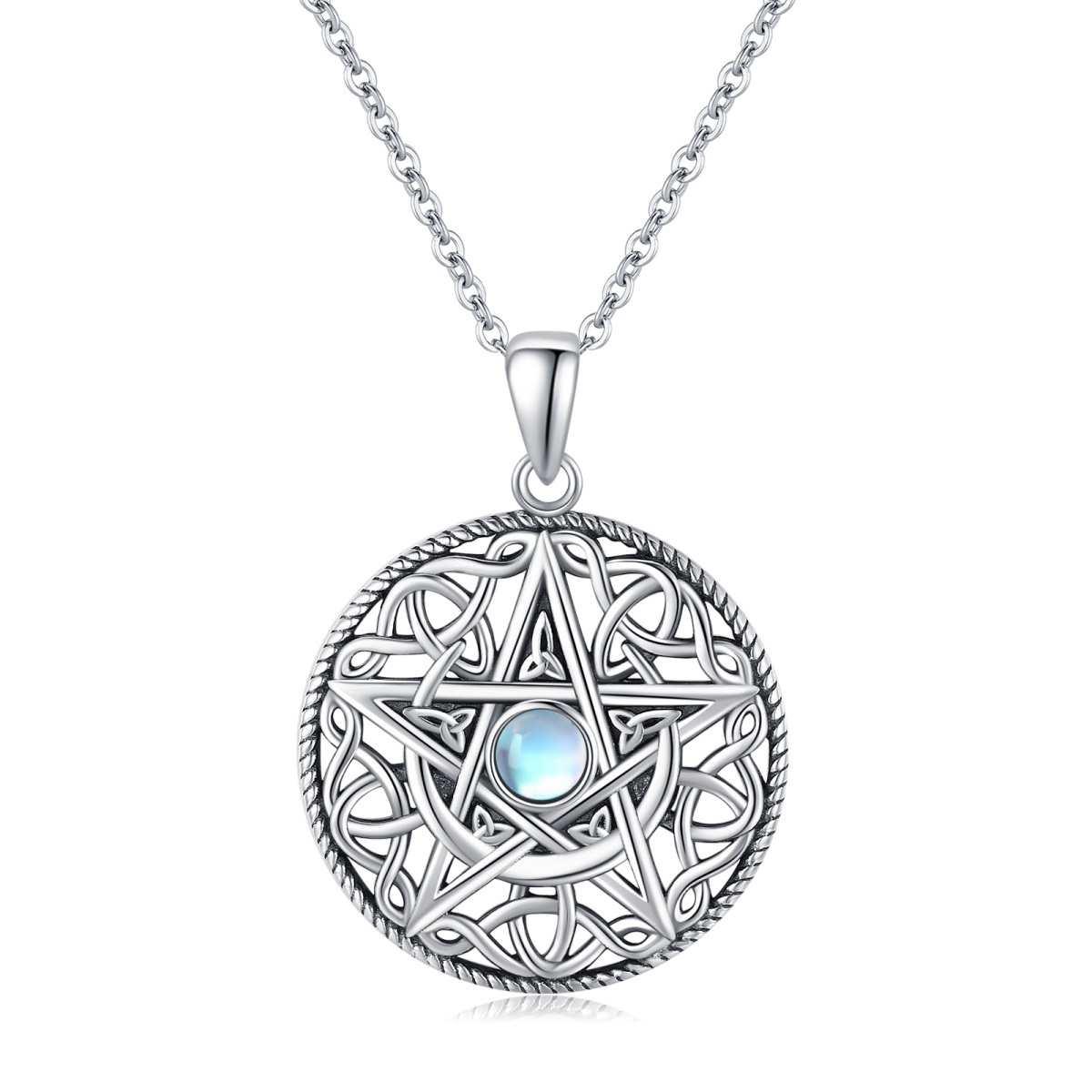Sterling Silver Moonstone Moon & Pentagram Pendant Necklace-1